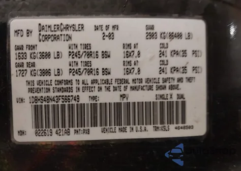 2003 Dodge Durango Slt from USA, damaged, VIN 1D8HS48N43F566749